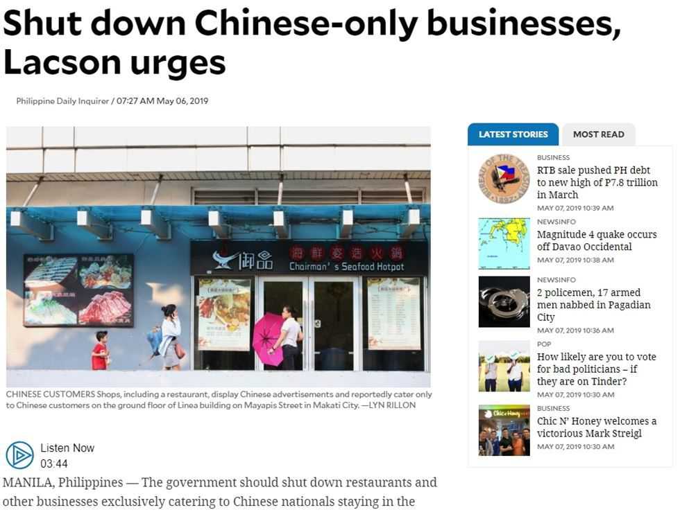 Chinese-only businesses in Philippines under probe