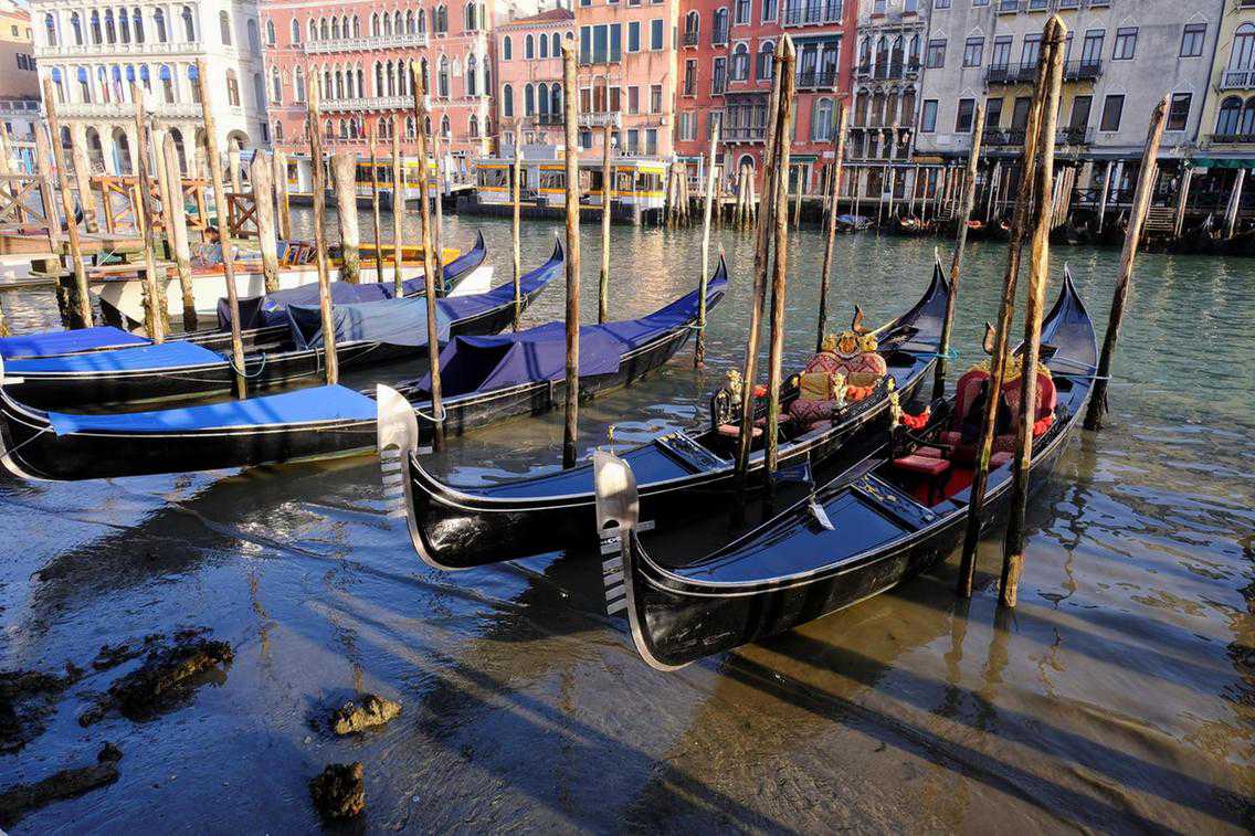 Gondolas lie idle seeing as Venice's canals left practically empty by low tide