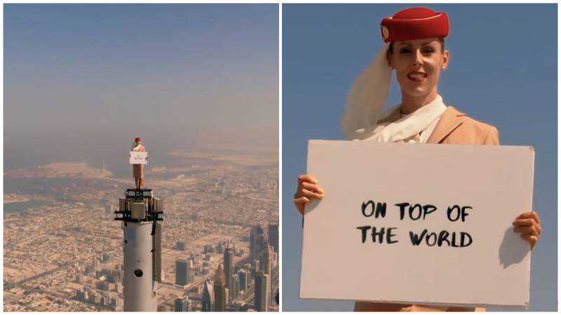 Emirates 'flight attendant' stands atop Burj Khalifa to celebrate UK travel rules change